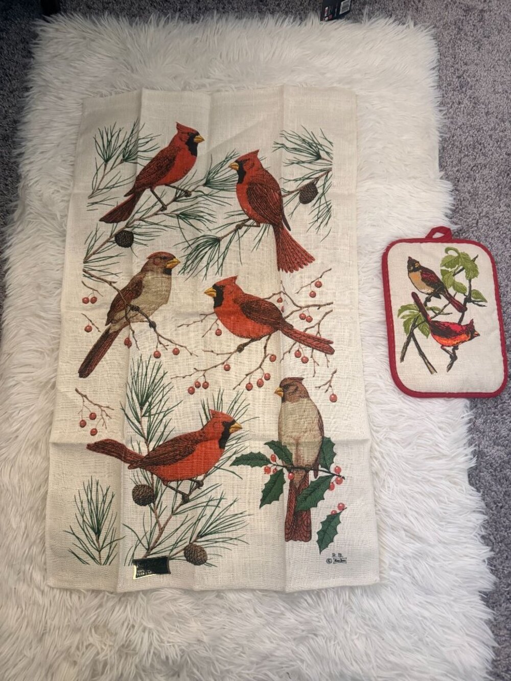 Vintage NOS Kay Dee Handprints Linen Tea Towel and Matching Potholder Cardinals